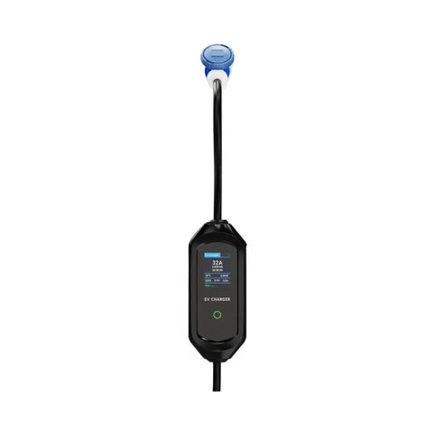 Portable Electric Vehicle Charger 32 Amp 7.2 Kilowatt Pe2 Pe1 Gbt Evse With Five Meter Cord, black charger with display and blue connector.