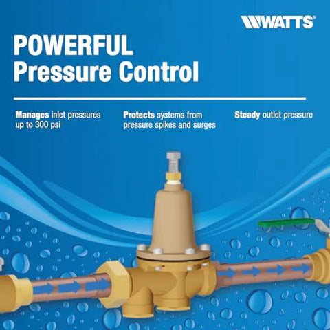 Front view of Watts LF25AUB-Z3 water pressure reducing valve with brass body connected to pipes