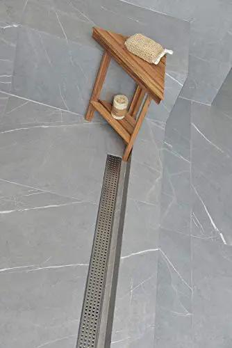 48 Inch Linear Shower Drain Slick Brushed Nickel Stainless Steel Side Outlet Offset Bundle with rubber gasket in modern bathroom.