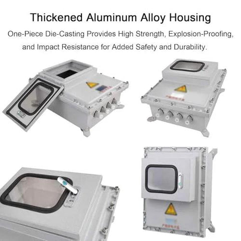 Waterproof outdoor junction box with viewing window, cast aluminum housing, IP66 explosion-proof; four-view collage.