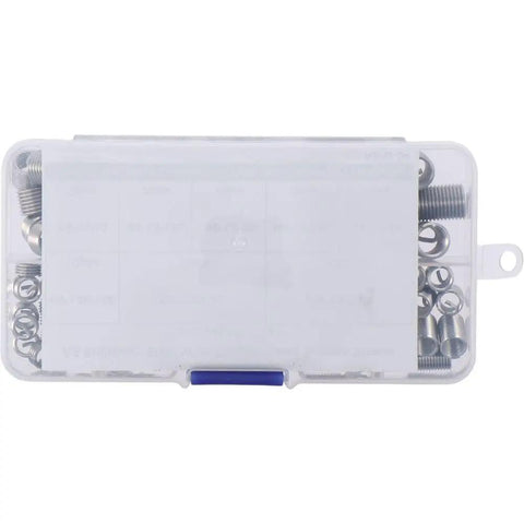 Must Have Heavy Duty Thread Repair Inserts Kit 110 Pcs Stainless Steel Wire Sleeve Inserts For Self Tapping Inner Threads M6 And M8 Automotive Repairs Damaged Hole Fix Durable Repair Kit For Cars And Trucks. Clear plastic case with 110 stainless steel M6 and M8 thread repair inserts.