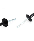 Close-up of two black oxide aluminum blind rivets from a Black Blind Rivet Kit Aluminum All In One Storage Box Heavy Duty 200 Piece Set