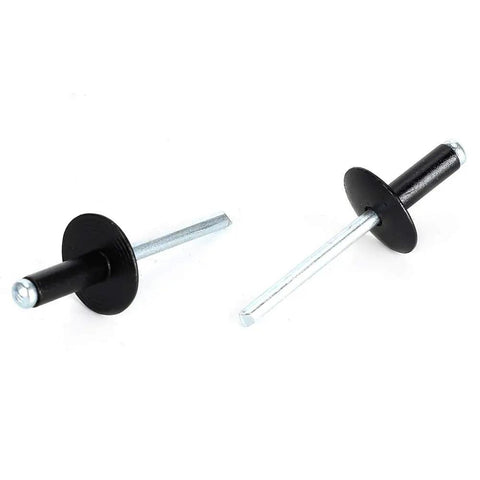 Close-up of two black oxide aluminum blind rivets from a Black Blind Rivet Kit Aluminum All In One Storage Box Heavy Duty 200 Piece Set