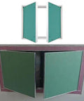 No Sweat Bifold Magnetic Access Panel Door For Drywall With Pre Drilled Mounting Fits Like A Glove For Plumbing And Wiring Quick Snap Shut Design Built Tough To Guard Wall Openings In Standard 38 By 76 Inches, shown open and closed.