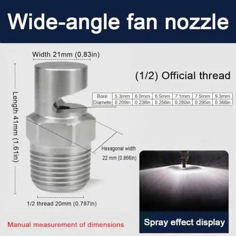 Tough As Nails 304 Stainless Steel K Type Wide Angle Fan Spray Nozzles 3/8 Inch External Threads dimensions and spray effect display.