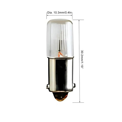 Ten Pack Neon Indicator Light Bulbs 0.25W NE51H B2A T3.25 BA9s Amber 105-125V for panels, shown with dimensions