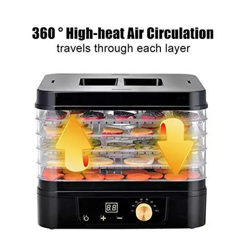 Heavy Duty Five Tier Electric Food Dehydrator With Bright Digital Screen And Temperature Control Timer For Preserving Veggies Herbs Jerky Meat Straight Up Fresh For Your Daily Grind showing 360° high-heat air circulation design.