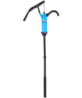Straight Up Dead Simple Lever Action Drum Pump for 5 to 55 Gallon Barrels, blue plastic, designed for fluid transfer.