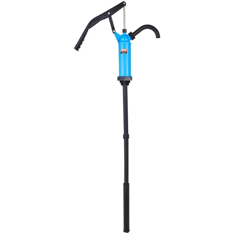 Straight Up Dead Simple Lever Action Drum Pump for 5 to 55 Gallon Barrels, blue plastic, designed for fluid transfer.