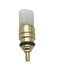 Engine coolant temperature sensor with brass body and white plastic connector; close-up view for Hyundai/Kia engines