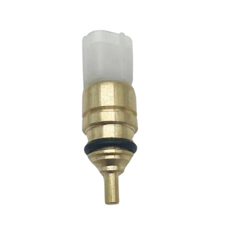Engine coolant temperature sensor with brass body and white plastic connector; close-up view for Hyundai/Kia engines