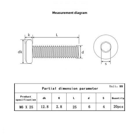 Measurement diagram for Black M6 1.0 X 25mm Hex Socket Cap Screws, Fully Threaded, 304 Stainless Steel, Flat Head, 4mm Allen Drive, 20 Pack