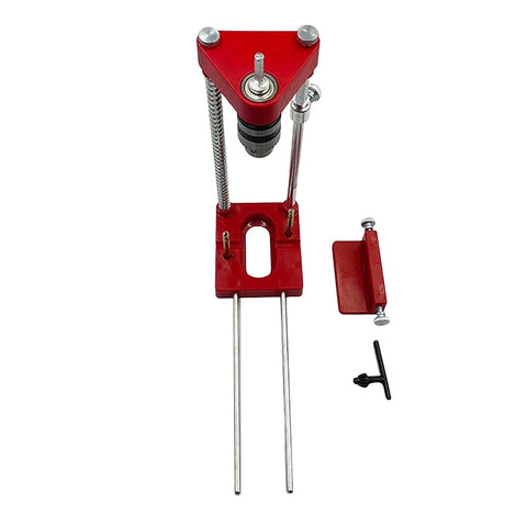 Top view of Pro Grade Drill Guide Woodworking Locator Kit, showing red adjustable drilling guide and accessories.