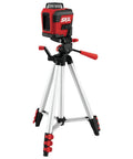 65 Ft Red Self Leveling Cross Line Laser Level with tripod, USB charge port, rechargeable lithium battery, and carry bag. Side view.