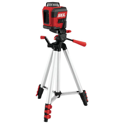 65 Ft Red Self Leveling Cross Line Laser Level with tripod, USB charge port, rechargeable lithium battery, and carry bag. Side view.