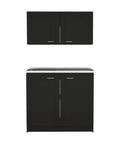 Clean Lines Two Piece Media Console Built From Tough Engineered Wood, Reliable Storage Cabinet For Your Sick Setup And Daily Grind In Sleek Matte Black Finish With Easy Assembly with upper and lower storage units.