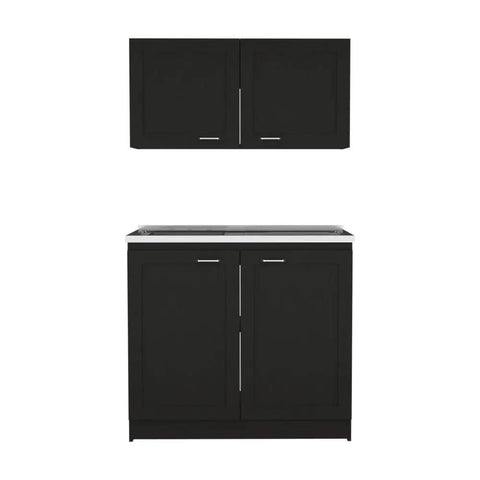 Clean Lines Two Piece Media Console Built From Tough Engineered Wood, Reliable Storage Cabinet For Your Sick Setup And Daily Grind In Sleek Matte Black Finish With Easy Assembly with upper and lower storage units.