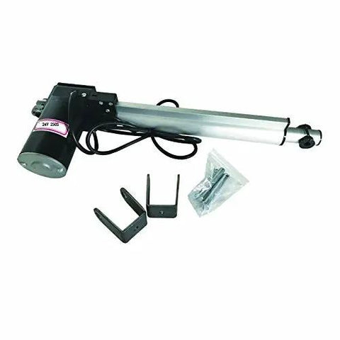 Badass 24V DC Linear Actuator With Heavy Duty Mounting Bracket And Plug N Play Controller Nine Point Eight Inch Stroke Telescopic Rod 1320 Lbs Push Force Ip54 Weatherproof Shield with motor, rod, and brackets.