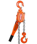 VEVOR manual lever chain hoist, 1-1/2 ton capacity, orange galvanized steel body with chain and hooks (front view)