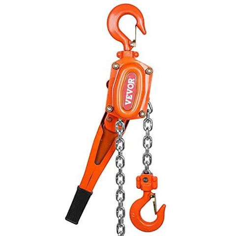VEVOR manual lever chain hoist, 1-1/2 ton capacity, orange galvanized steel body with chain and hooks (front view)