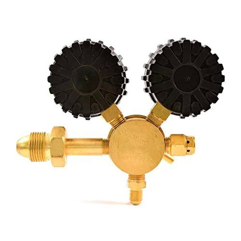 Uniweld RHP400 nitrogen regulator with brass body, dual black gauge knobs, CGA580 inlet, 1/4-in male flare outlet