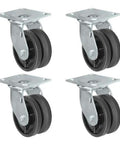 Front view: four swivel caster wheels with chrome mounting plates and black 5x2 V-groove wheels; plate 4-1/2" x 6-1/4"