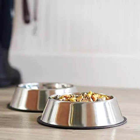 Stainless Steel Non Skid Dog Food And Water Bowls Set Of 2 For Pups, Dishwasher Safe, Rust Resistant, filled with dry kibble