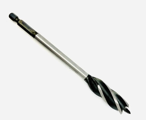 Heavy Duty Five Piece Wood Drill Bit Set With Four Flute Auger Design For Faster Chip Ejection And Smooth Clean Holes On Tough Lumber No Sweat Projects Guaranteed Badass Performance - close-up of a single auger drill bit
