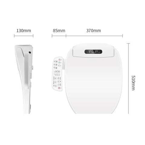 Top Shelf Electric Toilet Seat Warmer With Constant Temp Heat And Fast Bidet Spray, showing dimensions and remote control features.
