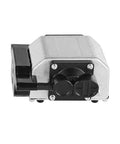 Air assist pump kit for laser cutter, silver metal housing with black circular ports, front view