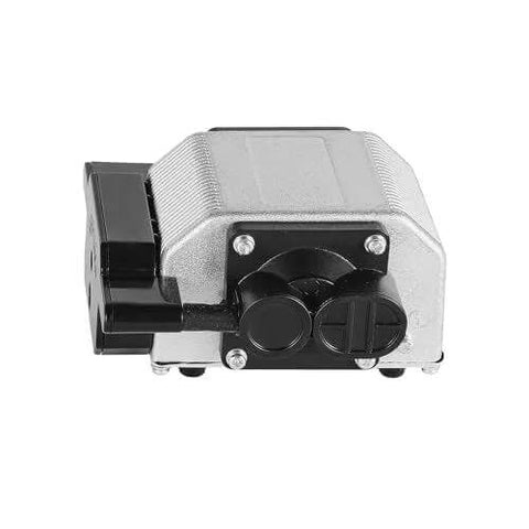 Air assist pump kit for laser cutter, silver metal housing with black circular ports, front view