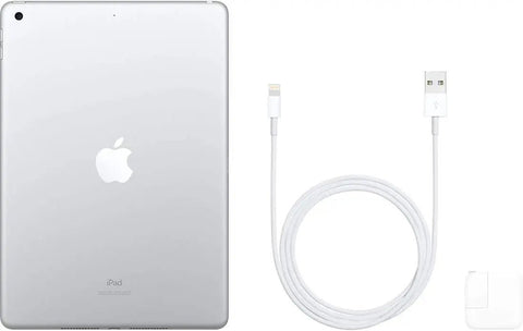 Pre Owned Seventh Gen Ten Point Two Inch Wireless Tablet Thirty Two Gb Storage Silver Body Touch Id Sensor A10 Fusion Processor Mean Performance Slick Aluminum Panel Sweet Deal For Binging Shows And Homework with charging cable.