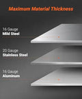 Maximum material thickness for 24 Inch Industrial Magnetic Pan And Box Heavy Duty Sheet Metal Brake; steel, stainless steel, aluminum gauge display.