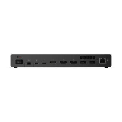 Back view of Plug And Play Thunderbolt 5 Docking Station Boasting 180W Output For Smooth Triple 8K Displays And Snappy Data Transfers For High Performance Workstation Setups Black showing multiple ports.
