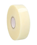 Heavy Duty Clear Packing Tape Eight Roll Bundle Hella Strong Two Mil Acrylic Adhesive For Carton Sealing And Shipping Machine Length Smooth Dispensing Rock Solid Grip Standard Core Design roll from side view on a white background.