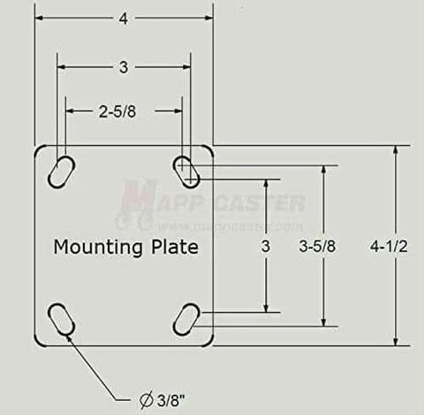 Diagram of mounting plate dimensions for Drywall Dolly Replacement TPR Wheel Casters - 2,400 Lbs Capacity, showing hole placements.