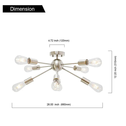 Dimensions of Ultra Sleek 8 Light Sputnik Chandelier In Brushed Nickel Semi Flush Mount Ceiling Light with E26 Bulbs