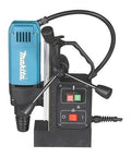 Front view of Makita HB350 1-3/8 in magnetic drill; blue housing, black base, and control panel with switches.
