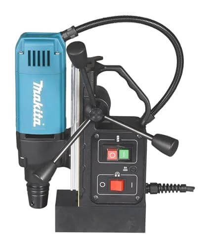 Front view of Makita HB350 1-3/8 in magnetic drill; blue housing, black base, and control panel with switches.