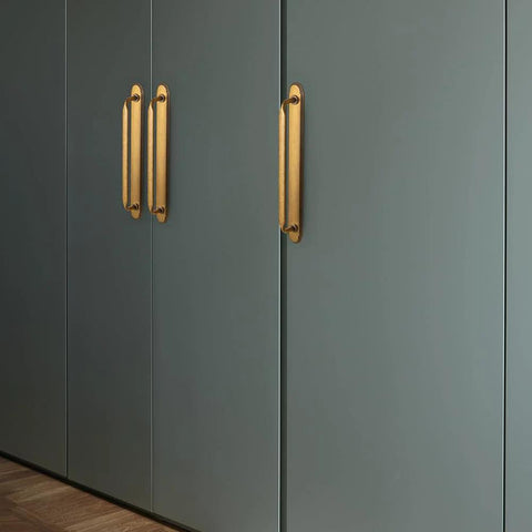 Antique Brass Zinc Alloy Cabinet Handle With Backplate 7.56 Inch Center To Center 192mm 2 Pack installed on gray cabinet doors