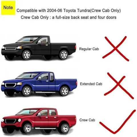 Compatibility note for 2004-2006 Toyota Tundra Crew Cab showing Regular, Extended, and Crew Cab with markings