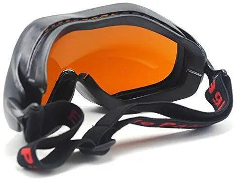 Snag These Top Tier Laser Safety Goggles Delivering Heavy Duty Od5 Plus Blockade For Fifty Three Two And One Zero Six Four Nanometer Beams side view with snug fit and orange lens.