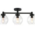 Three Light Globe Ceiling Light Fixture Industrial Flush Mount Vintage Glass Shade Ceiling Lamp For Dining Room Living Room Kitchen Island Hallway Bathroom with clear glass globes and antique black finish, frontal view.