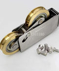 Heavy Duty Double Brass Window Slider Roller Set With Stainless Steel Axle And Copper Bearing Pulley Slick Glide Replacement For Vinyl Patio Doors Hassle Free Quick Swap Fix Stub Tracks Heavy Duty Upgrade with visible screws.