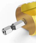 Close-up of titanium coated step drill bit showing 1/4 inch hex shank, part of Titanium Coated Step Drill Bit Set With 3 Pieces And 28 Hole Sizes From One Eighth Inch To Three Quarters Inch For Plastic Wood Aluminum And Sheet Metal Hole Drilling High Speed Steel Titanium Coated Bits Include One Quarter Inch Hex Shank Quick Change.