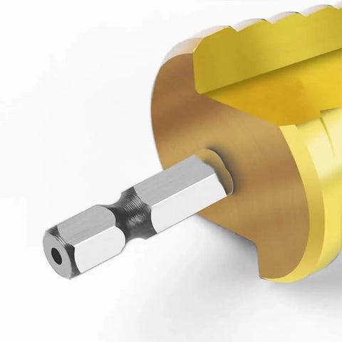 Close-up of titanium coated step drill bit showing 1/4 inch hex shank, part of Titanium Coated Step Drill Bit Set With 3 Pieces And 28 Hole Sizes From One Eighth Inch To Three Quarters Inch For Plastic Wood Aluminum And Sheet Metal Hole Drilling High Speed Steel Titanium Coated Bits Include One Quarter Inch Hex Shank Quick Change.