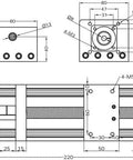GGP ball screw linear stage with NEMA 23 motor; front and side views show mounting holes and rail dimensions.