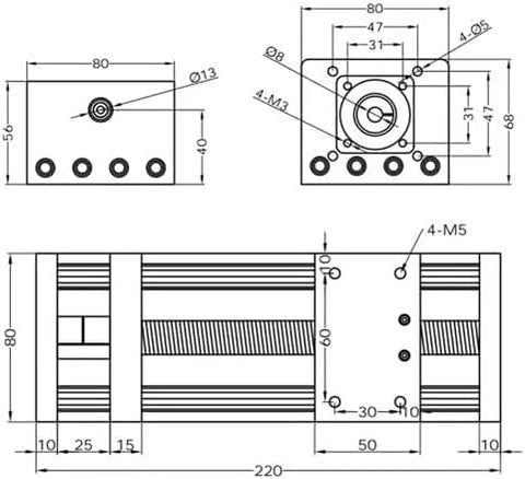 GGP ball screw linear stage with NEMA 23 motor; front and side views show mounting holes and rail dimensions.