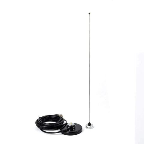 Magnetic NMO Antenna Base For Mobile Radio Install With 5M RG58 Coax PL 259 Plug Heavy Duty Car Bus Taxi Mount Easy Setup And Strong Hold Compatible With All NMO Antennas For On The Go Communication. Image showing base and coaxial cable with antenna.