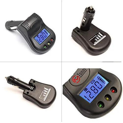12V Car Battery And Charging System Tester With LCD Voltmeter displayed from multiple angles, showing voltage readout and compact design.